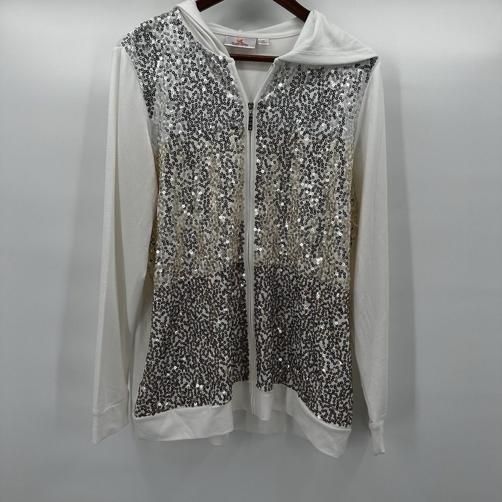 Quacker Factory Sweatshirt‎ Womens Medium Cream Sequin Front Full Zip Soft